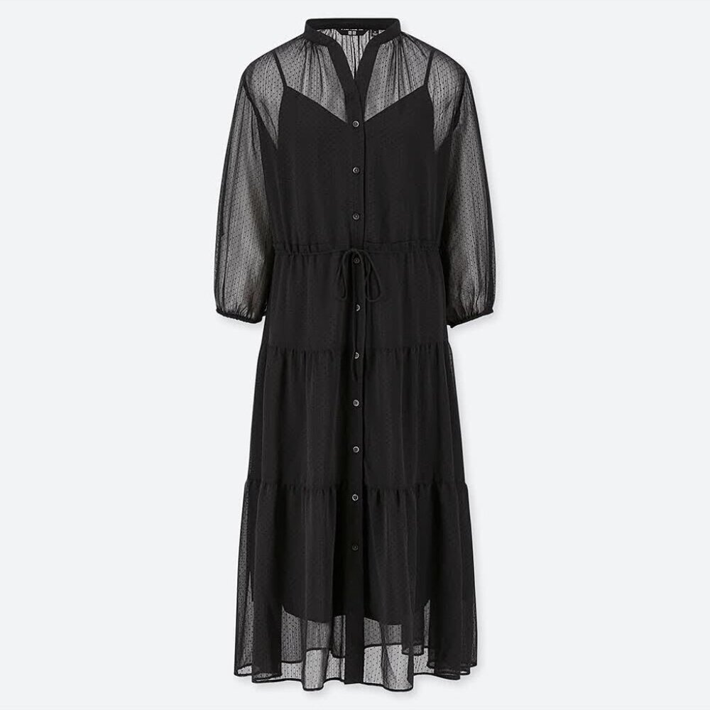 Uniqlo Chiffon Gathered Midi Dress in Black - sz Large - Picture 4 of 10